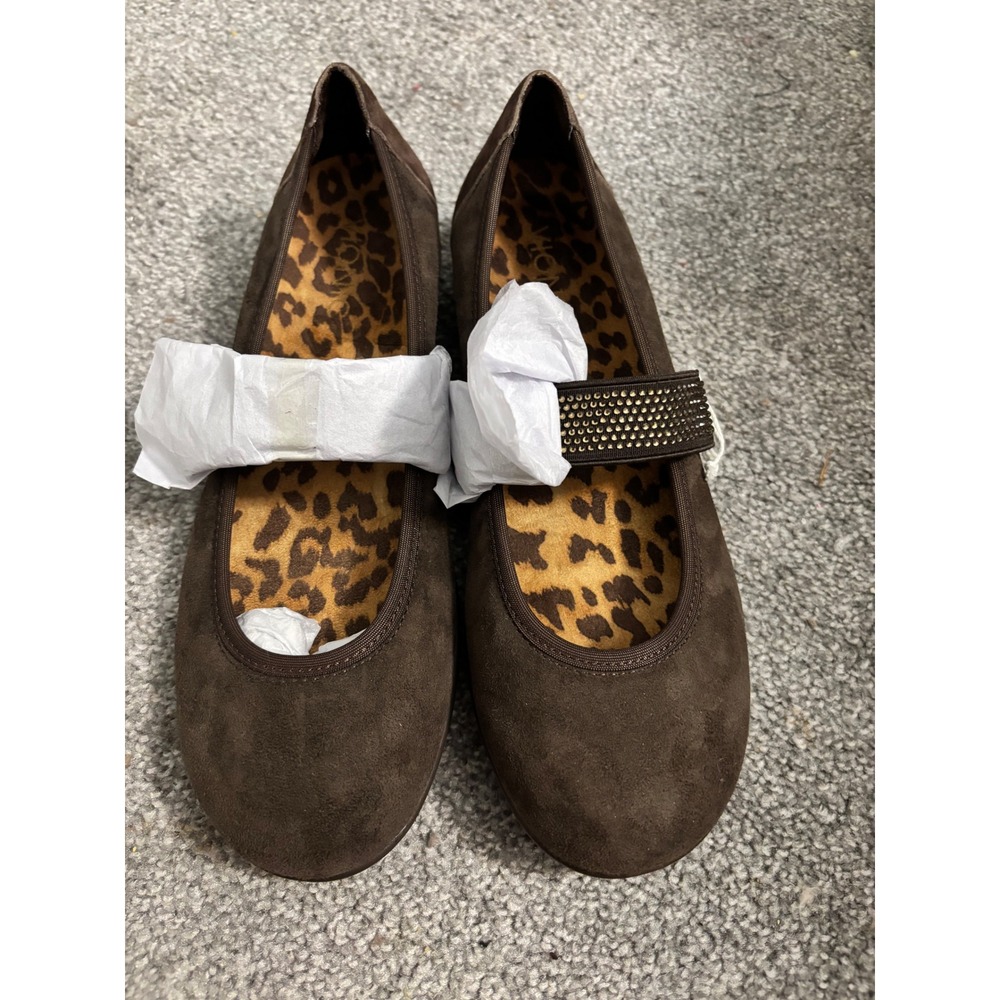Vionic Fern Mary Jane Flats Brown Suede Studded Elastic Strap  7.5 354FERN